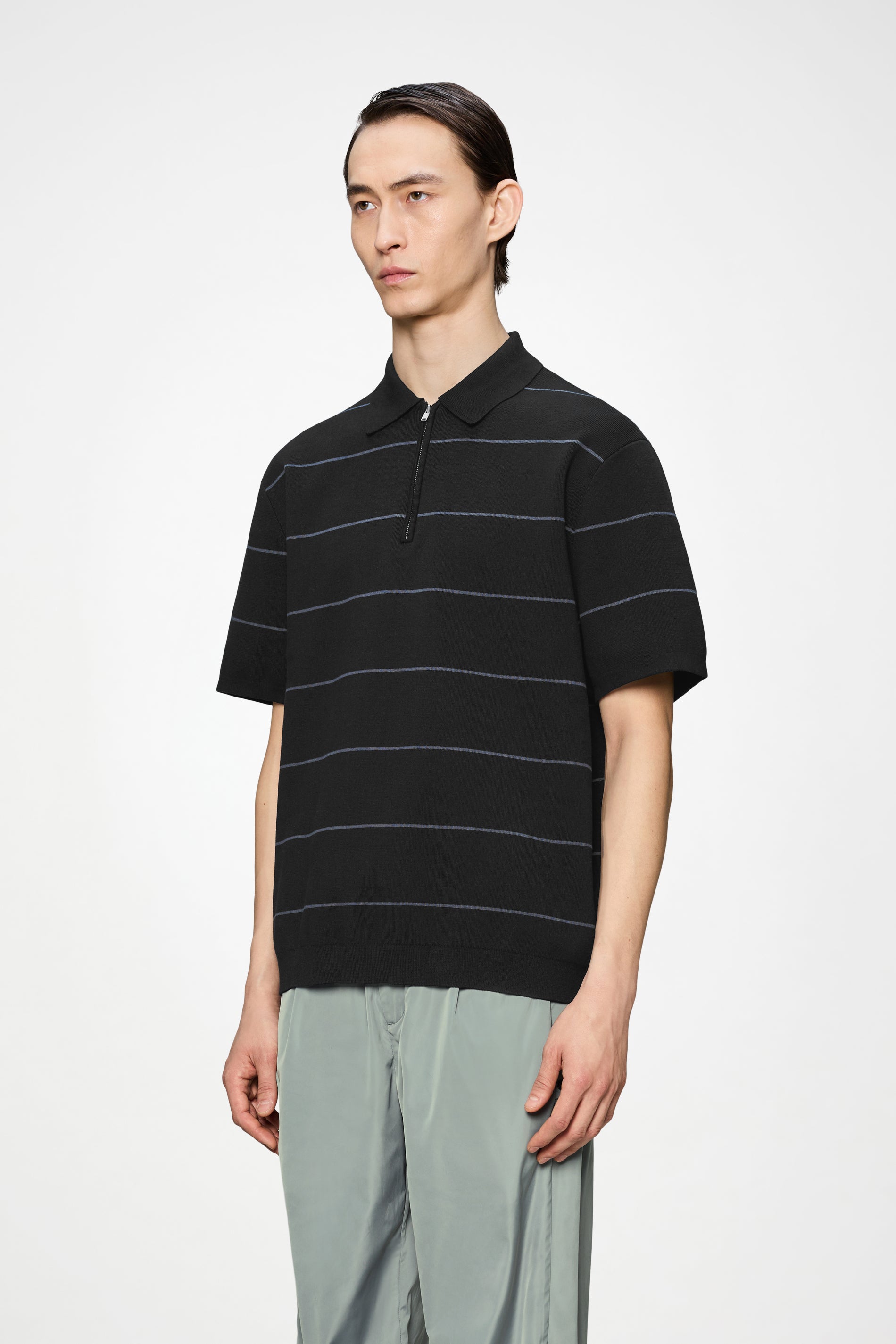 RAINS Striped Knit Polo Black Short Sleeve