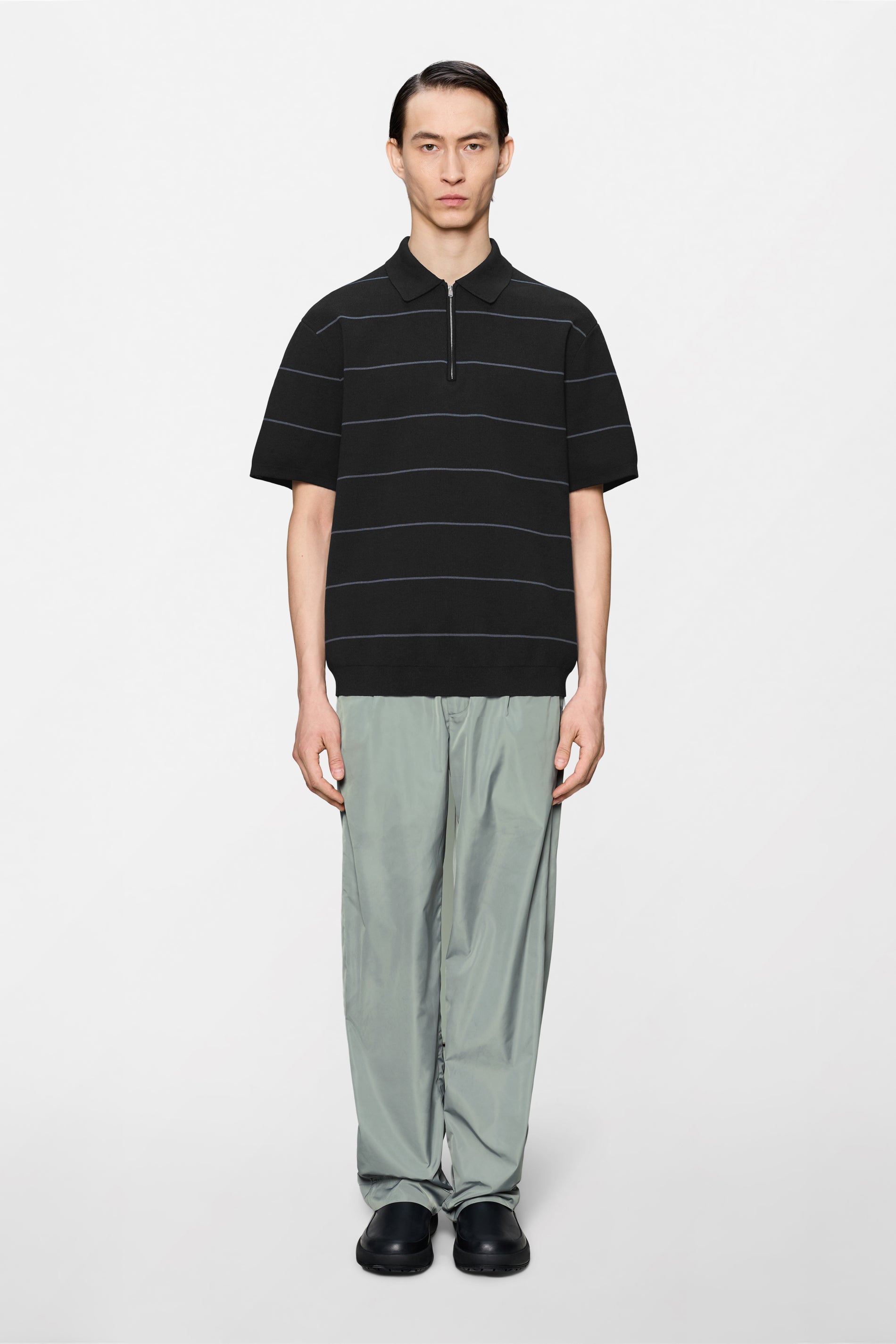 RAINS Striped Knit Polo Black Short Sleeve