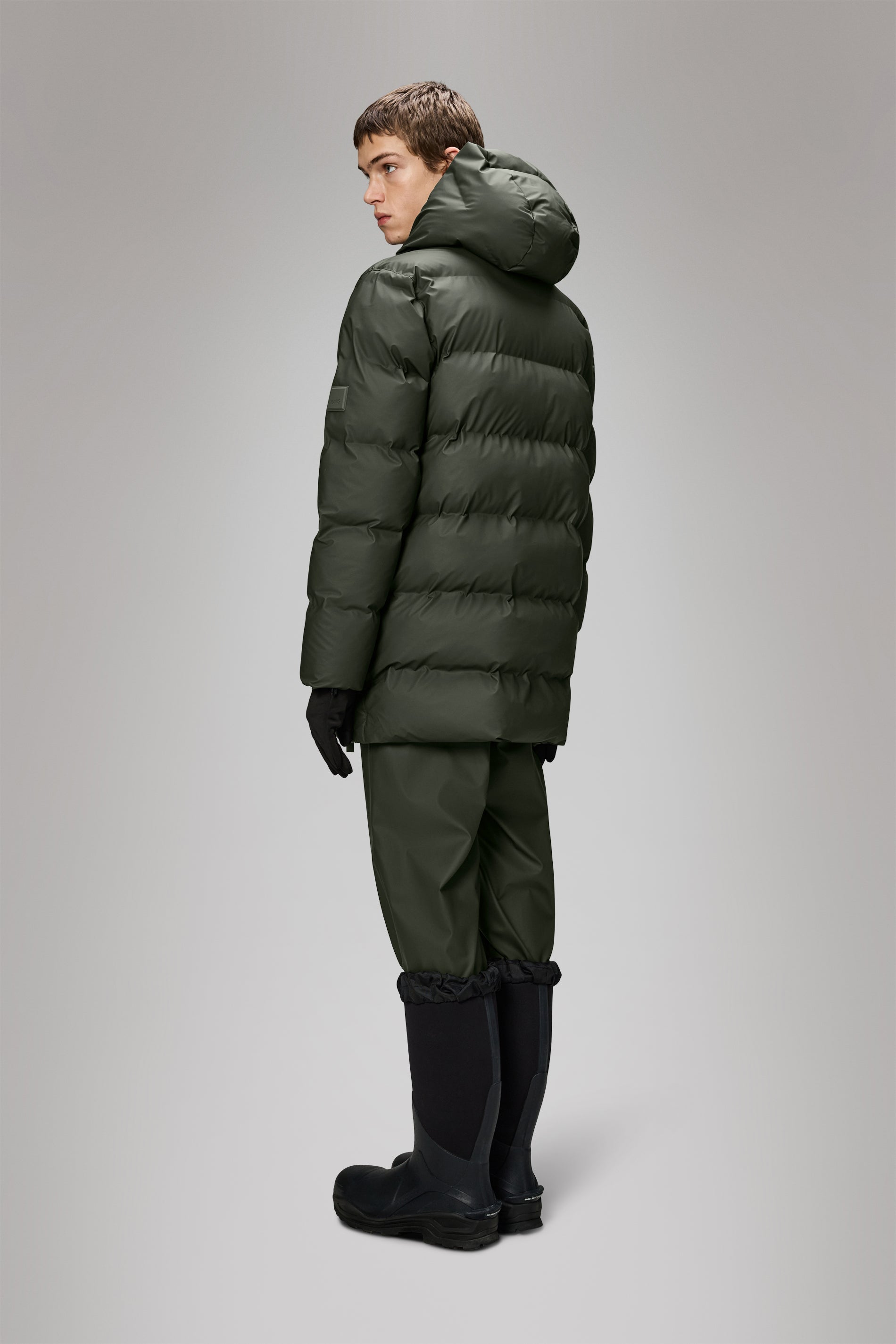 Rains Alta Long Puffer Cargo Jacket Green Jacket